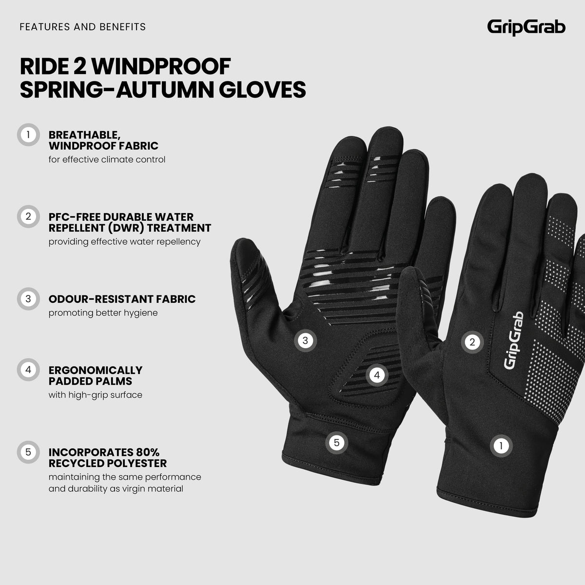 GripGrab RIDE 2 Windproof Spring-Autumn Gloves - mustat kolean kelin hanskat